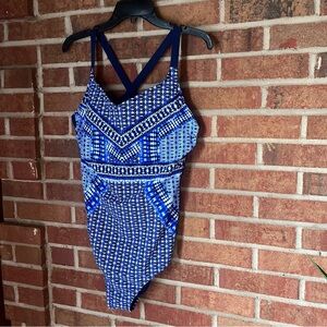 Christina Swimwear Blue White Geometric One Piece Malliot Size 12D Slimming NWOT